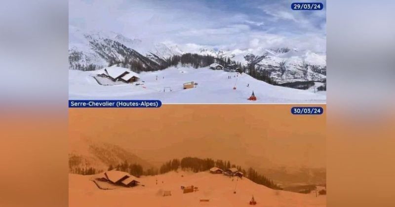 A poeira vinda do deserto do Saara deixou a neve laranja – Foto: Gabriele M./Twitter/Reprodu&ccedil;&atilde;o/ND