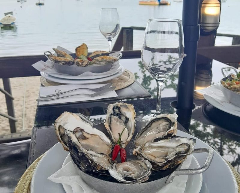 Foto do Restaurante Oyster Bar, em Florianópolis. Aprece uma mesa bem decorada com pratos, talheres e taças. Em cima dos pratos há uma porção de ostras. Ao fundo, aparece o mar