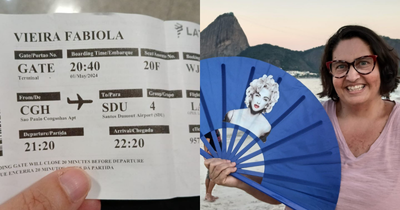 Passagem de voo de Navegantes para Rio de Janeiro e mulher sorrindo enquanto segura um leque da Madonna, se preparando para o show, no Rio de Janeiro 