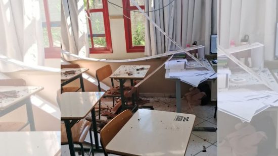 FOTOS: Aluna e professora ficam feridas após teto de sala de aula cair no Norte de SC