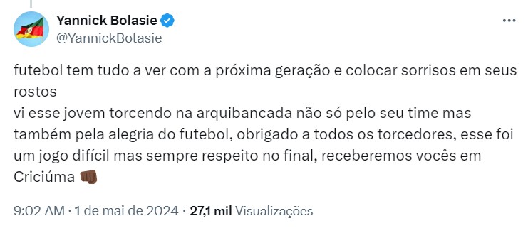 Claro, nas redes sociais, o fato repercutiu positivamente e o atacante do tigre explicou sua atitude – Foto: Reprodu&ccedil;&atilde;o/Redes Sociais