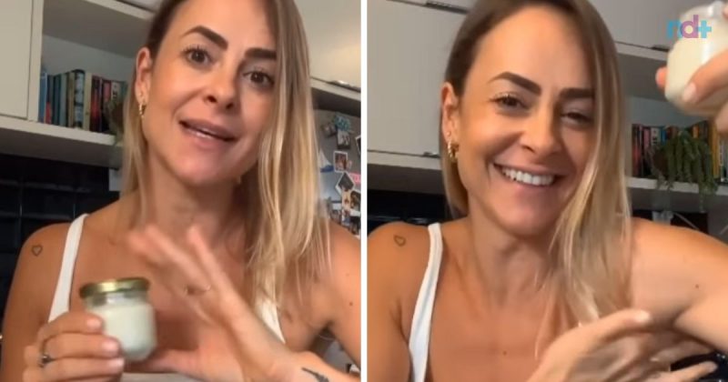 Fotomontagem de influenciadora mostrando potinho com desodorante caseiro pronto