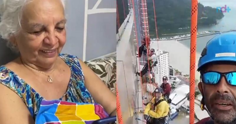 Fotomontagem mostra reação da mãe e parte do parabéns do filho, pendurado no alto da torre de Neymar, em Balneário Camboriú, Litoral Norte de SC