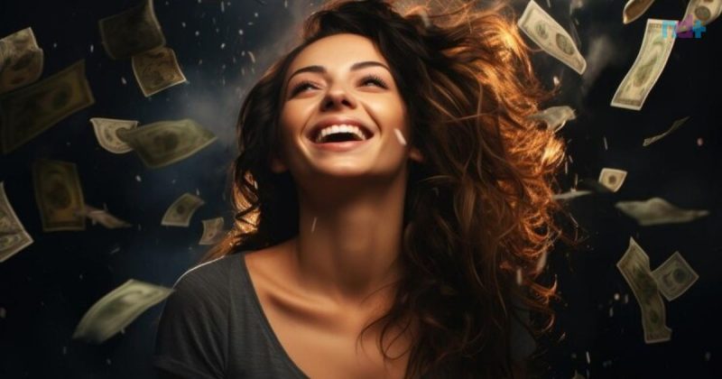 Imagem em 3D mostra mulher feliz, aparentemente livre das dívidas, com chuva de dinheiro
