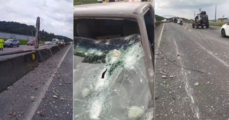 Carreta bate em poste e lança 'chuva de pedras' em carros na BR-101, em Joinville