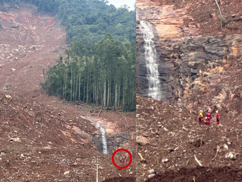 Bombeiros mostram a dimensão do deslizamento no local onde a família está desaparecida