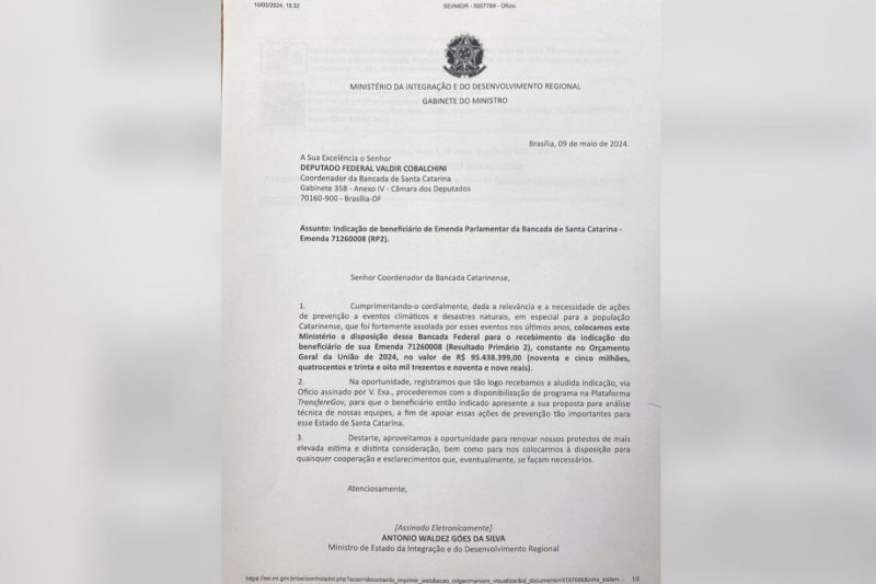 Of&iacute;cio enviado pelo Minist&eacute;rio da Integra&ccedil;&atilde;o e do Desenvolvimento Regional &agrave; bancada catarinense – Foto: Reprodu&ccedil;&atilde;o/NDTV/ND