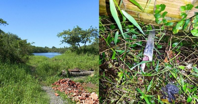 Local onde homem foi encontrado após ser espancado por 20 pessoas em Joinville; faca que foi usada no crime; polícia revelou possível motivo do assassinato