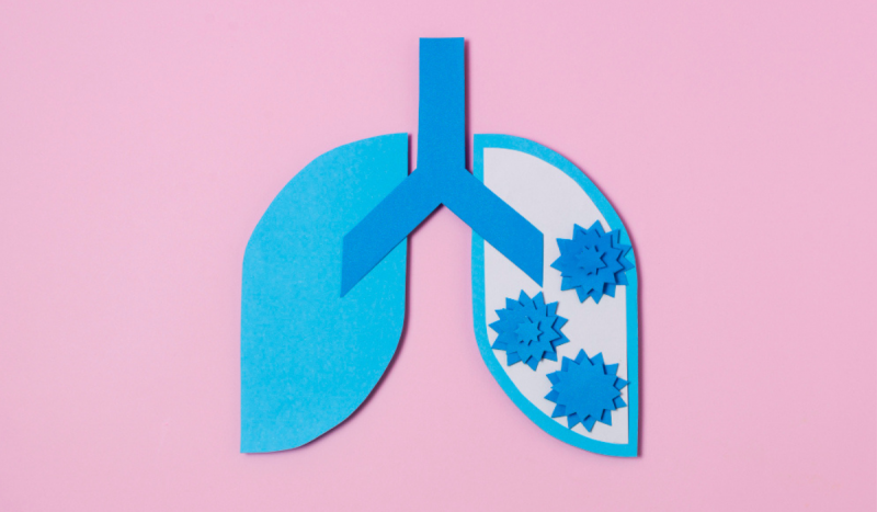 Ilustração de pulmão na cor azul em frente a fundo rosa