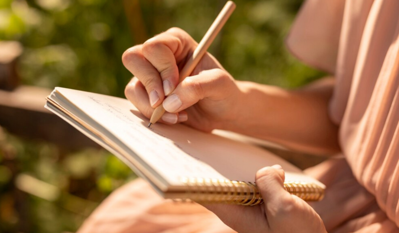 Foto mostra mão feminina escrevendo em um caderno de notas. A mulher usa vestido rosé e tem unhas de cor clara. Imagem é utilizada em matéria sobre taxa de analfabetismo