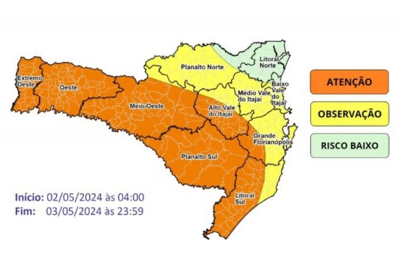 Mapa do risco de chuvas em Santa Catarina &#8211; Foto: Reprodução/Defesa Civil/ND
