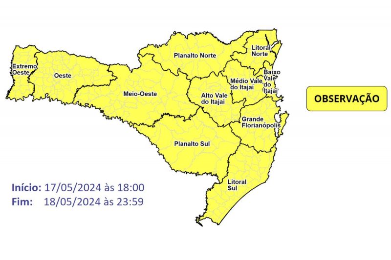 Mapa da Defesa Civil aponta risco em todas as regiões de Santa Catarina
