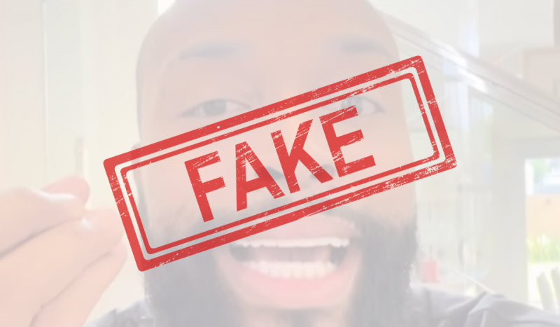 Montagem mostra foto de homem negro com barba com nitidez atenuada com fade de branco e selo de fake no centro para ilustrar matéria sobre chuvas no RS e propagação de conteúdos desinformativos