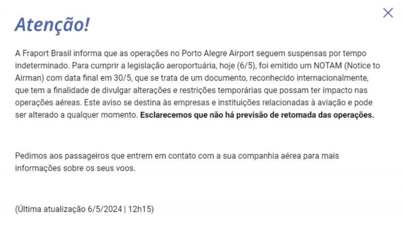 Nota da administradora do aeroporto de Porto Alegre