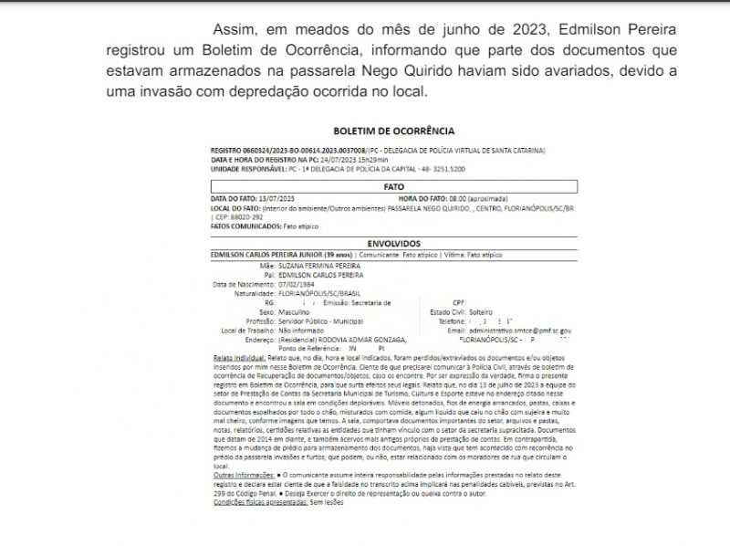 Boletim de Ocorr&ecirc;ncia registrado pelo ent&atilde;o secret&aacute;rio Ed Pereira – Foto: PC/Divulga&ccedil;&atilde;o/ND