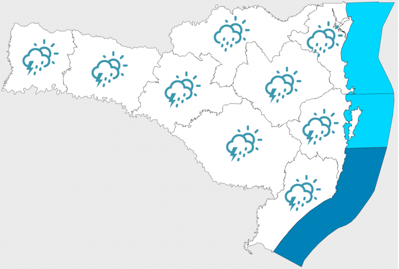 Imagem de previsão do tempo mostrando regiões de chuva em Santa Catarina