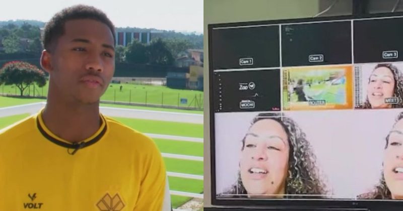 Hiago, que vive em Crici&uacute;ma h&aacute; dois anos e, ao lado, a m&atilde;e, Neuryelli, em uma chamada de v&iacute;deo – Foto: Reprodu&ccedil;&atilde;o/NDTV Crici&uacute;ma/Leo Martins