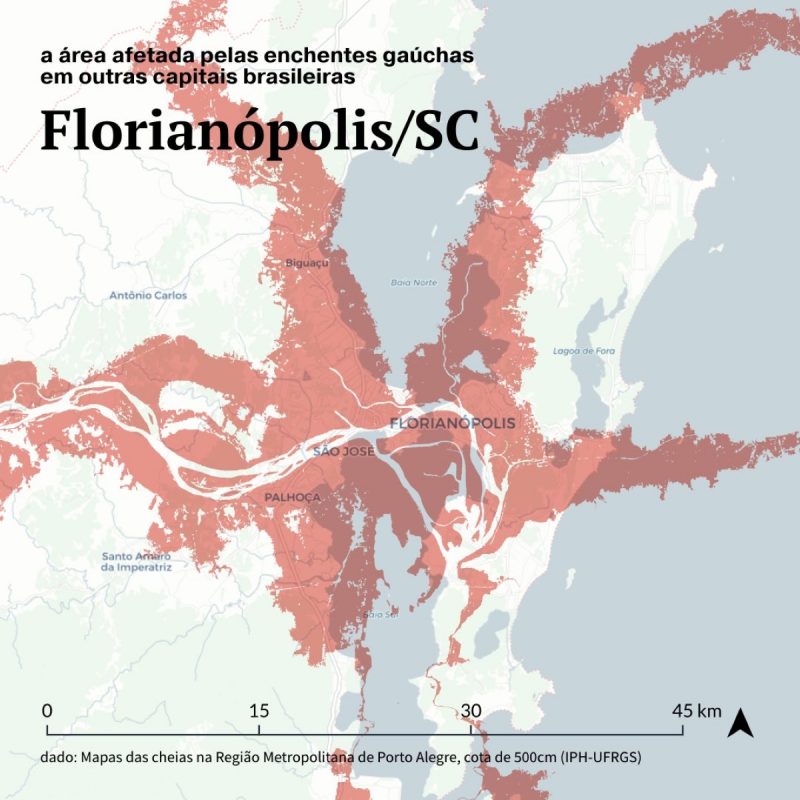 Projeção mostra área de Florianópolis que seria atingida com inundação semelhante a de Rio Grande do Sul 