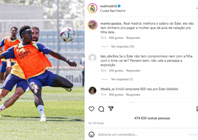 Brasileiros comentam sobre &Eacute;der Milit&atilde;o em postagens do Real Madrid – Foto: Reprodu&ccedil;&atilde;o/Instagram Real Madrid