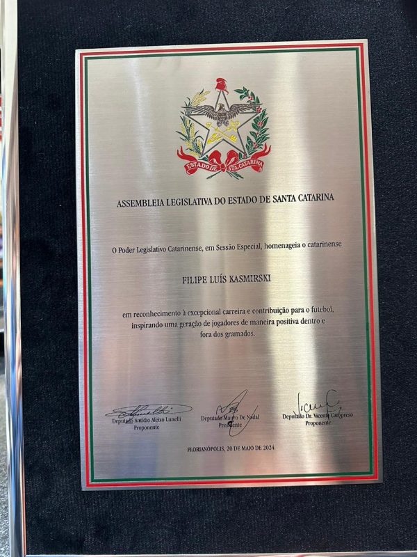 Placa recebida pelo ex-atleta Felipe Lu&iacute;s na ALESC – Foto: reprodu&ccedil;&atilde;o/Alesc