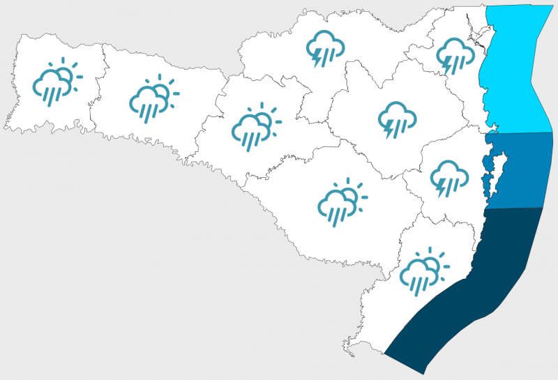 Mapa de Santa Catarina mostrando a previsão do tempo