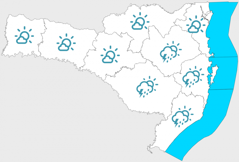 Mapa mostra como fica o tempo no domingo (12) e na segunda-feira (13) &#8211; Foto: Defesa Civil/Divulgação/ND