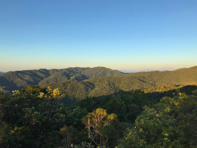 Foto da vista do topo da Trilha do Morro do Sapo, no Parque das Nascentes. A foto mostra morros verdes e um céu bem azul. 