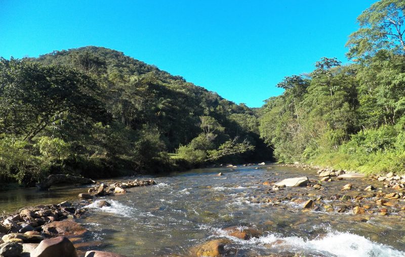 Foto do Parque das Nascentes, onde se pode fazer trilhas em Blumenau. Na parte inferior e tomando quase metade da foto, o Rio Garcia, por entre pedras. Ao fundo e em suas laterais, vegetação, árvores e morros. 