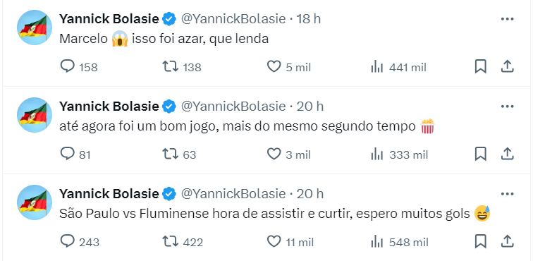 Tweets do jogador durante S&atilde;o Paulo x Fluminense – Foto: Reprodu&ccedil;&atilde;o/Internet/ND