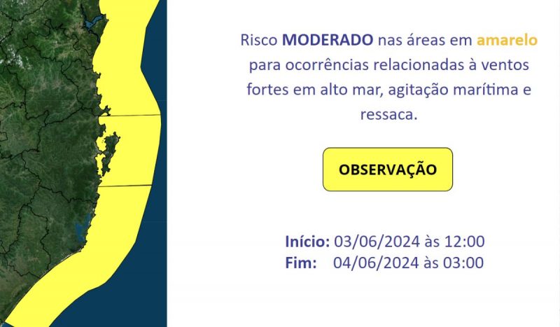 Frente fria tem perigo potencial de ventos do quadrante sul e ondas de até metros