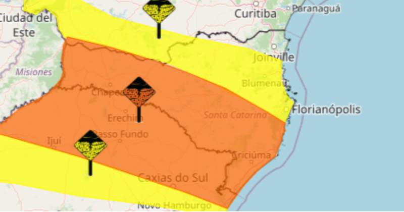 O Inmet aponta que existem dois alertas para tempestades nesta ter&ccedil;a-feira, mas com graus de severidade diferentes – Foto: Inmet/Divulga&ccedil;&atilde;o/ND