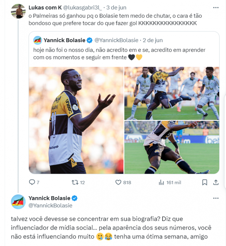 Bolasie responde torcedor nas redes sociais – Foto: Reprodu&ccedil;&atilde;o/X