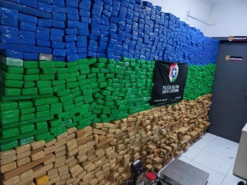 Na imagem aparecem lotes de maconha que estavam em posse do catarinense preso pela PMSC 