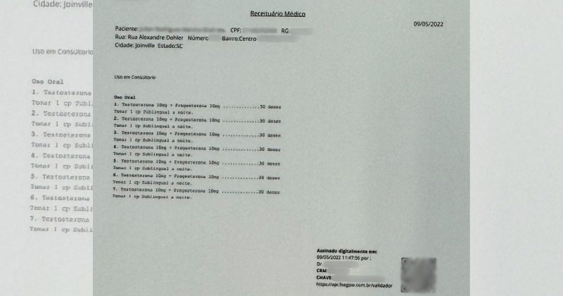 Receita médica indica uso de grandes doses de testosterona