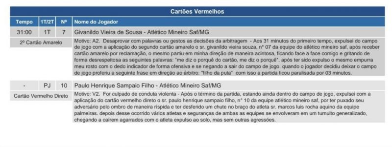 S&uacute;mula relatada pelo &aacute;rbitro ap&oacute;s a partida envolvendo Atl&eacute;tico-MG e Palmeiras – Foto: Reprodu&ccedil;&atilde;o/CBF
