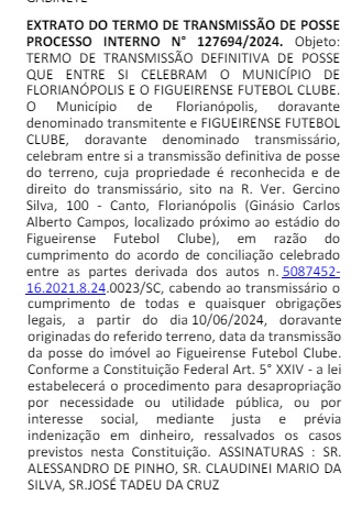 Di&aacute;rio Oficial do munic&iacute;pio, dia 12 de junho, traz a cess&atilde;o do terreno ao clube – Foto: DOPMF/Divulga&ccedil;&atilde;o/ND