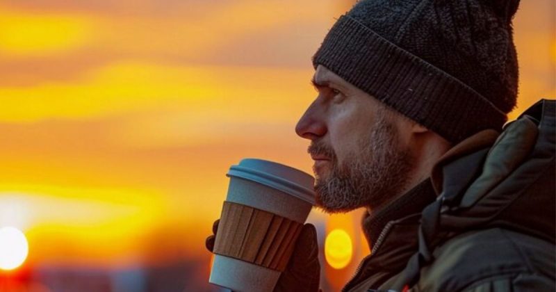 Homem com roupa de inverno segurando copo próximo da boca