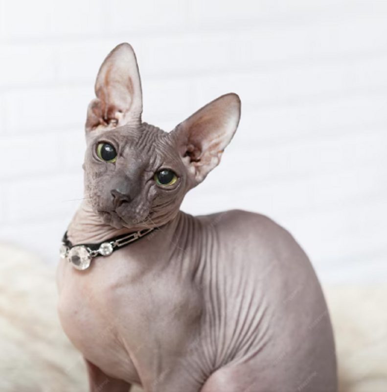 A imagem mostra um felino da raça sphynx.