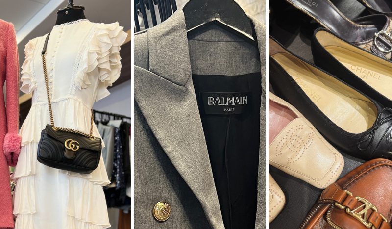 Fotomontagem com 3 fotos. À esquerda um vestido branco com mangas de babado e uma bolsa a tira colo preta. Ao centro um close em um casaco cinza da marca Balmain e à direita várias sapatilhas da marca Chanel, uma preta, outra creme e outra marrom