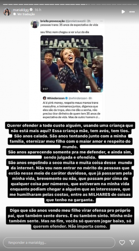 Modelo e ex de Whindersson usou as redes sociais para rebater as piadas com seu filho morto