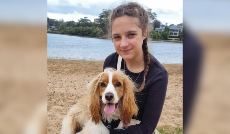 Foto mostra menina usando camisa preta de mangas compridas sentada em areia de praia ao lado de cão