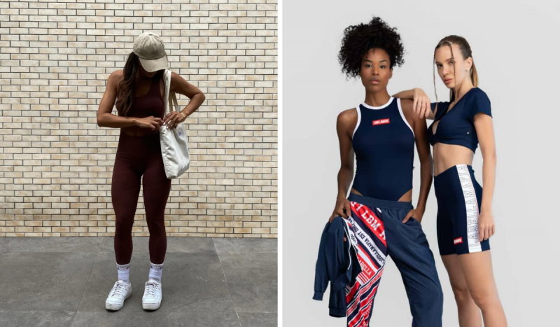 Fotomontagem com duas fotos. À esquerda uma mulher em pé de cabeça baixa usando boné na cor areia e macacão esportivo marrom. À direita duas mulheres, uma negra e outra branca, usam roupas esportivas na cor azul escuro. peças são da grife Labellamafia de SC