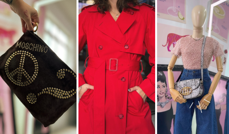 Fotomontagem com 3 fotos, à esquerda uma bolsa preta com o logotipo Moschino, ao centro uma pessoa usa um casaco vermelho de botões e à direita um manequim com uma blusa rosa bebê peluciada e uma calça jeans