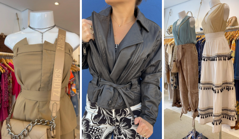 Fotomontagem com 3 fotos. À direita dois manequins vestem looks um com blusa regata azul claro e calça marrom e o outro uma blusa creme regata e uma saia branca com babados. À esquerda o manequim veste um look todo bege e ao centro uma mulher de pele parda usa jaqueta de couro preta