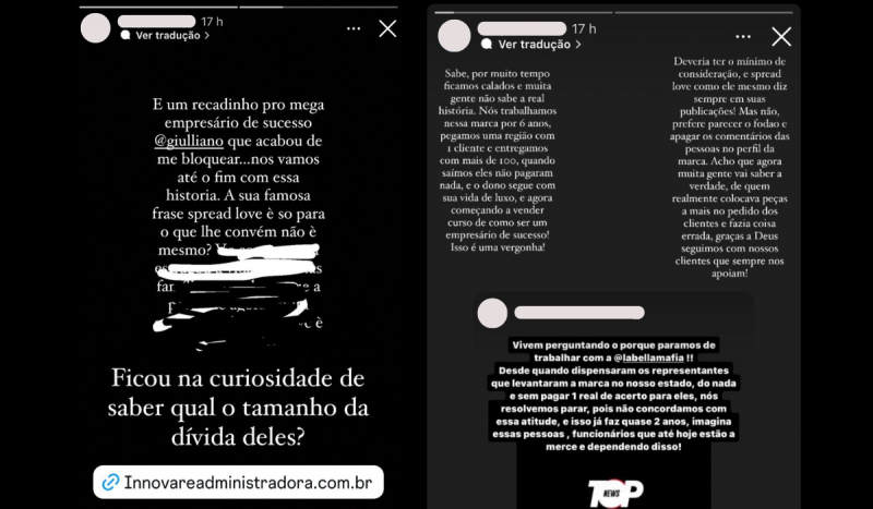 Print de publicação em stories expondo situação de demissão na empresa Labellamafia de SC