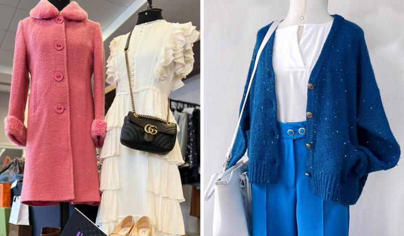 Fotomontagem mostra casaco rosa e vestido branco ao lado de manequim com moletom azul celeste para ilustrar matéria sobre brechós em Florianópolis