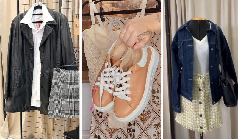 Fotomontagem com 3 fotos, à direita uma jaqueta jeans azul em blusa branca e saia quadriculada amarela vestidas em um manequim. Ao centro um tênis na cor salmão sendo carregado por uma mão e à esquerda uma jaqueta preta de couro sobreposta a uma camisa social branca