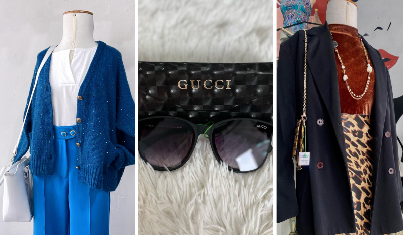 Fotomontagem com 3 fotos. À esquerda um manequim usa um look com casaco e calça azul, ao centro um óculos de sol da Gucci sobre um tapete felpudo branco e à direita um look de blusa marrom, com saia de onça e casaco preto por cima