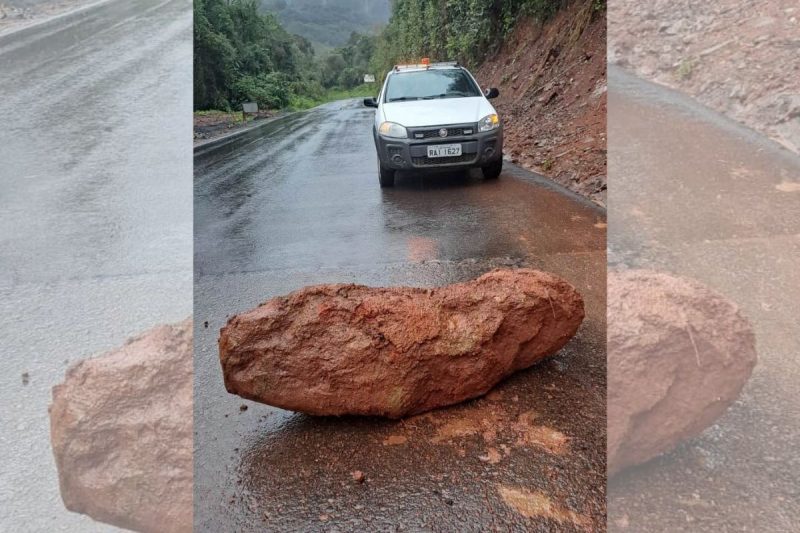 trecho da rodovia SC-155 que liga os munic&iacute;pios de Xanxer&ecirc; a Xavantina, no Oeste de Santa Catarina, est&aacute; com risco de deslizamento – Foto: Prefeitura de Xanxer&ecirc;/Divulga&ccedil;&atilde;o/ND