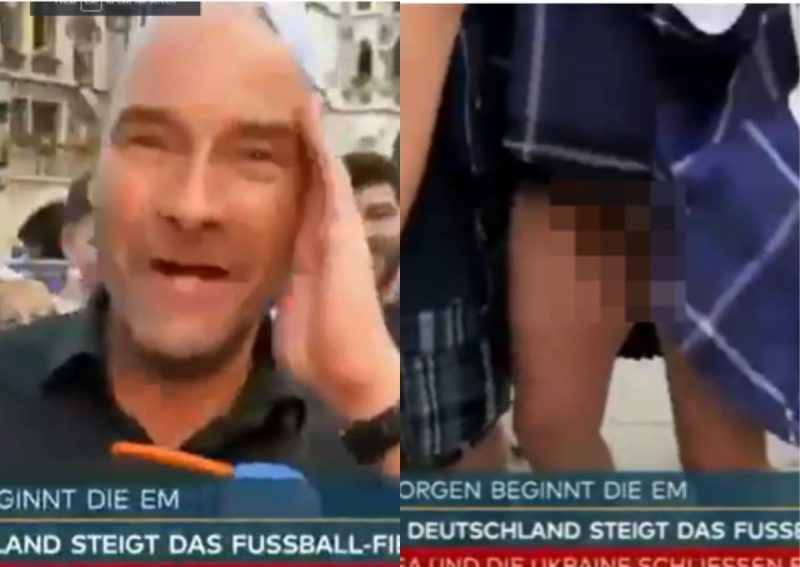 TV alem&atilde; filma debaixo da saia de torcedor e rep&oacute;rter fica perplexo – Foto: Reprodu&ccedil;&atilde;o